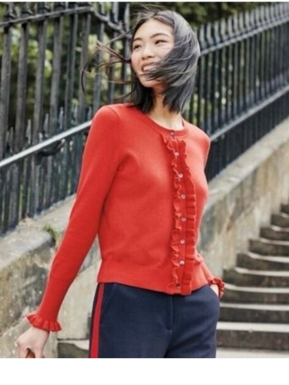Boden Red Ruffle-Front Women's Cardigan Size Small